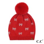Wholesale c C HTE Allover Rhinestone Mini Bow Pom Beanie One Fits Most Lined Ins