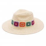 Wholesale braided Straw Panama Hat Granny Square Crochet Band One Fits Most Brim
