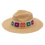 Wholesale braided Straw Panama Hat Granny Square Crochet Band One Fits Most Brim