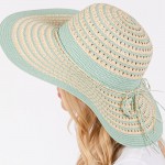Wholesale two Straw Sun Hat Stripe Straw Bow Detail One Fits Most Adjustable Dra