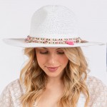 Wholesale brim Sun Hat Multi Colored Bands Shells Fringe Detail One Fits Most A