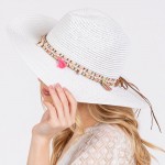 Wholesale brim Sun Hat Multi Colored Bands Shells Fringe Detail One Fits Most A