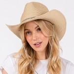 Wholesale convertible Straw Cowboy Panama Hat Rhinestone Studded Hat Band Chin S