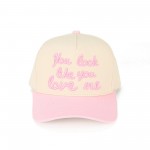 C.C TCM0052
"You Look Like You Love Me" Embroidered Three Tone baseball Cap 

- One Size Fits Most 
- Snap Back Closure 
- 100% Cotton 