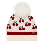 C.C HTE0161 
Cherry Pom Beanie.

- 47% Rayon, 31% Polyester, 22% Nylon  
- One Size
