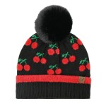 C.C HTE0161 
Cherry Pom Beanie.

- 47% Rayon, 31% Polyester, 22% Nylon  
- One Size
