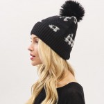 Wholesale fuzzy Cuff Pom Beanie Plaid Detail Soft Fuzzy Inside One Fits Most Acr