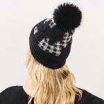 Wholesale fuzzy Cuff Pom Beanie Plaid Detail Soft Fuzzy Inside One Fits Most Acr