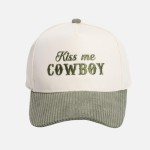 "Kiss me COWBOY" Embroidered Two Tone Corduroy Bill Baseball Cap

- One Size Fits Most
- Snap Back Closure
- 100% Cotton