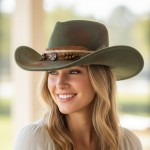 Wholesale rustic Cowgirl Fedora Hat Distressed Fabric Wood Beaded Band Versatile