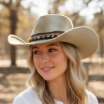 Wholesale rustic Cowgirl Fedora Hat Distressed Fabric Stone Beaded Band Versatil