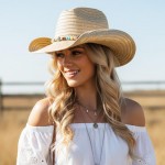 Wholesale straw Cowboy Hat Stone Wood Beaded Band One Paper Polyester