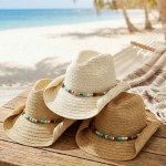 Wholesale straw Cowboy Hat Stone Wood Beaded Band One Paper Polyester