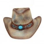 Wholesale washed Straw Cowboy Hat Turquoise Accent Underside Embroidered Vegan L