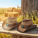 Wholesale washed Straw Cowboy Hat Turquoise Accent Underside Embroidered Vegan L