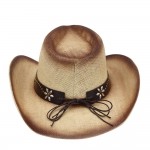 Wholesale distressed Straw Cowboy Hat Metal Bull Buckle Flower Accents One Paper