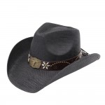 Wholesale distressed Straw Cowboy Hat Metal Bull Buckle Flower Accents One Paper