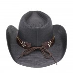 Wholesale distressed Straw Cowboy Hat Metal Bull Buckle Flower Accents One Paper