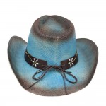 Wholesale distressed Straw Cowboy Hat Metal Bull Buckle Flower Accents One Paper