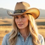 Wholesale distressed Straw Cowboy Hat Metal Bull Buckle Flower Accents One Paper