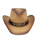 Wholesale distressed Straw Cowboy Hat Metal Bull Buckle Flower Accents One Paper