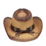 Wholesale distressed Straw Cowboy Hat Metal Bull Buckle Flower Accents One Paper