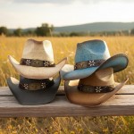 Wholesale distressed Straw Cowboy Hat Metal Bull Buckle Flower Accents One Paper