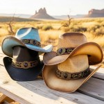 Wholesale distressed Straw Cowboy Hat Orate Vegan Leather Band One Paper
