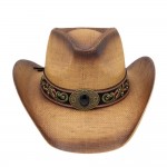 Wholesale distressed Straw Cowboy Hat Orate Vegan Leather Band One Paper