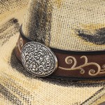 Wholesale antique Wash Straw Cowboy Hat Orate Oval Buckle Vegan Leather Band One