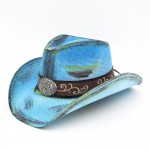 Wholesale antique Wash Straw Cowboy Hat Orate Oval Buckle Vegan Leather Band One