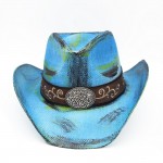 Wholesale antique Wash Straw Cowboy Hat Orate Oval Buckle Vegan Leather Band One