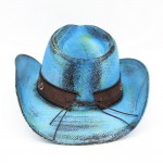 Wholesale antique Wash Straw Cowboy Hat Orate Oval Buckle Vegan Leather Band One