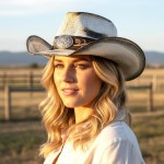 Wholesale antique Wash Straw Cowboy Hat Orate Oval Buckle Vegan Leather Band One