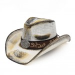 Wholesale antique Wash Straw Cowboy Hat Orate Oval Buckle Vegan Leather Band One