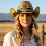 Wholesale antique Wash Straw Cowboy Hat Orate Oval Buckle Vegan Leather Band One