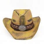 Wholesale antique Wash Straw Cowboy Hat Orate Oval Buckle Vegan Leather Band One
