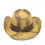 Wholesale antique Wash Straw Cowboy Hat Orate Oval Buckle Vegan Leather Band One