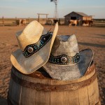 Wholesale rustic Straw Cowboy Hat Silver Turquoise Studs Vegan Leather Band One