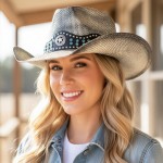 Wholesale rustic Straw Cowboy Hat Silver Turquoise Studs Vegan Leather Band One