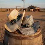 Wholesale rustic Straw Cowboy Hat Silver Turquoise Studs Vegan Leather Band One