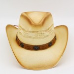 Wholesale aged Straw Cowboy Hat Suede Stitched Details Steer Head Concho One Pap