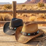 Wholesale western Straw Cowboy Hat Turquoise Stone Concho Bull Emblem Buckle Ban