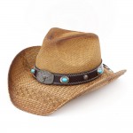 Wholesale western Straw Cowboy Hat Turquoise Stone Concho Bull Emblem Buckle Ban