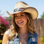 Wholesale straw Cowboy Hat Rhinestone Flower Embroidered Band Steer Concho One F