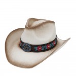 Wholesale straw Cowboy Hat Rhinestone Flower Embroidered Band Steer Concho One F