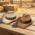 Wholesale two Straw Cowboy Hat Chain Link Studded Band Steer Detail One Fits Mos