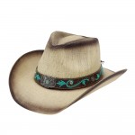 Wholesale distressed Straw Cowboy Hat Turquoise Bloom Butterfly Concho Band One