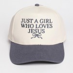 "Just A Girl Who Loves Jesus" & Bow Embroidered Two Tone Baseball Cap

- One Size Fits Most
- Snap Back Closure
- 100% Cotton