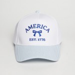 "AMERICA" & Bow Embroidered Two Tone Stripe Baseball Cap

- One Size Fits Most
- Snap Back Closure
- 100% Cotton